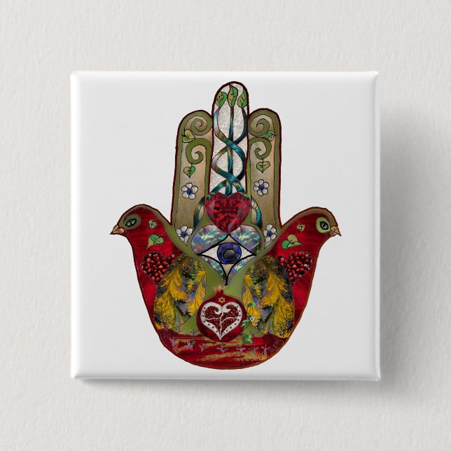 Chapa Cuadrada Ruby Pomegranate Heart Red Bird Hamsa (Anverso)