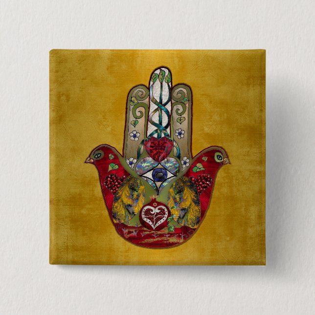 Chapa Cuadrada Ruby Pomegranate Heart Red Bird Hamsa (Anverso)