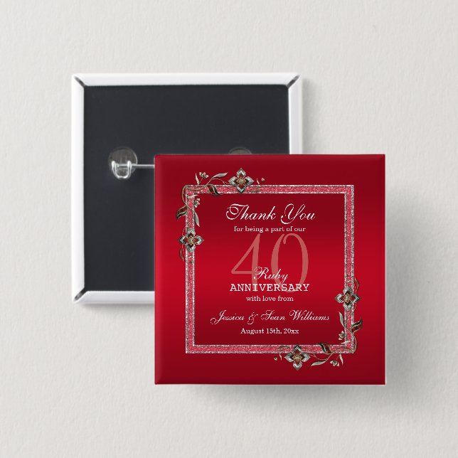 Chapa Cuadrada Ruby Red Gems y Purpurina Ruby 40TH Boda (Anverso y reverso)