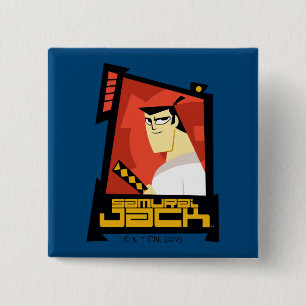 Chapa Cuadrada Samurai Jack sonriendo gráfico de marco futurista