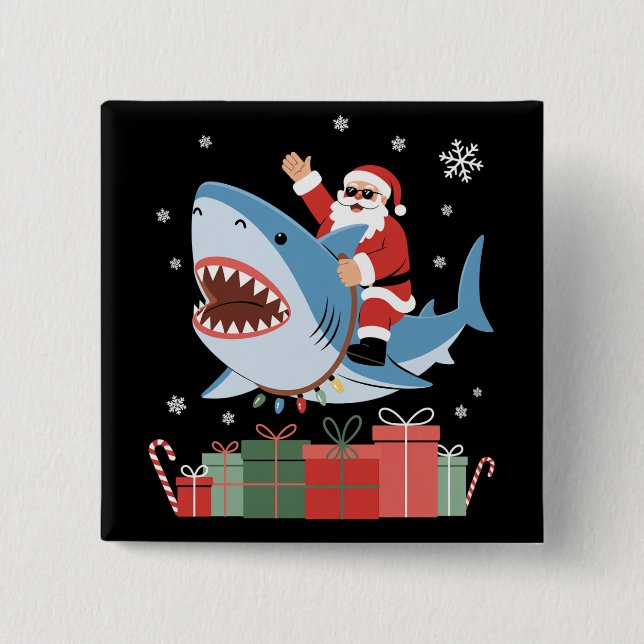 Chapa Cuadrada Santa Riding Shark Christmas Pajama Cute Ocean  (Anverso)