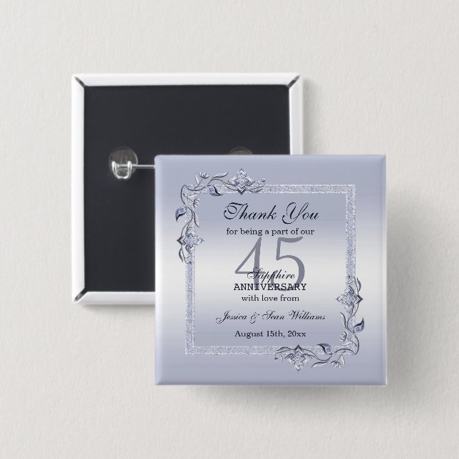 Chapa Cuadrada Sapphire Gem y Purpurina 45° Aniversario del Boda (Anverso y reverso)