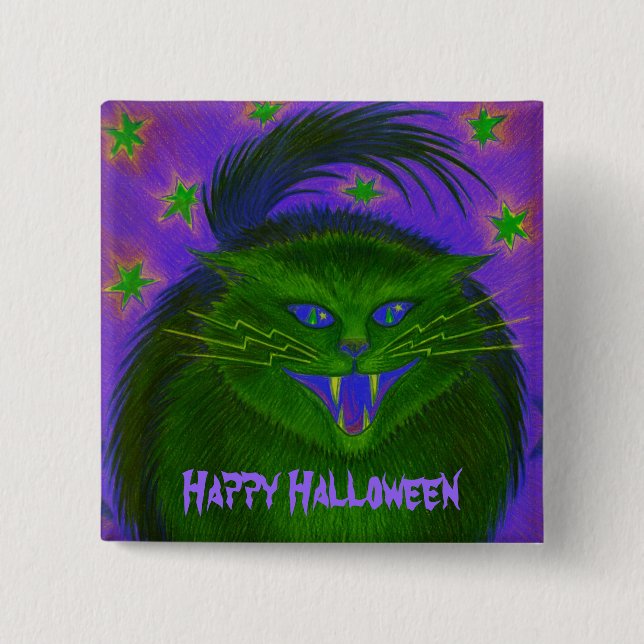 Chapa Cuadrada Scary Cat Green 'Happy Halloween' button (Anverso)