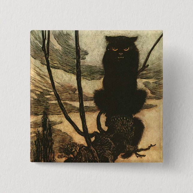 Chapa Cuadrada Scary Halloween Black Cat Vintage Rackham (Anverso)