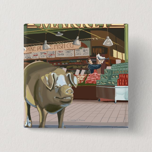 Chapa Cuadrada SeattleFish Toss y Cerdo de bronce en Pike Place (Anverso)