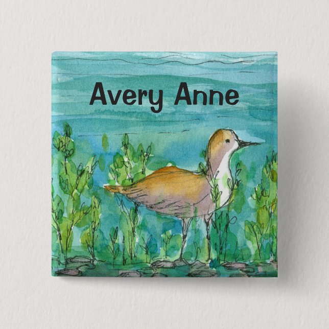 Chapa Cuadrada Shore Bird Lake Watercolor Nombre personalizado (Anverso)