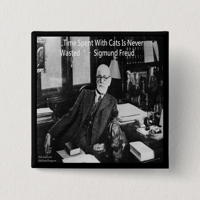 Chapa Cuadrada Sigmund Freud En Su Oficina Y Funny Cat Cita (Anverso)