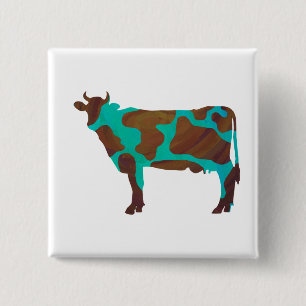 Chapa Cuadrada Silueta de vaca marrón y azul turquesa