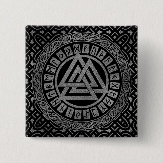 Chapa Cuadrada Símbolo metálico de plata de Valknut en modelo (Anverso)