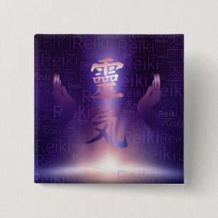 Chapa Cuadrada Símbolos de Reiki y manos curativas en luz púrpu