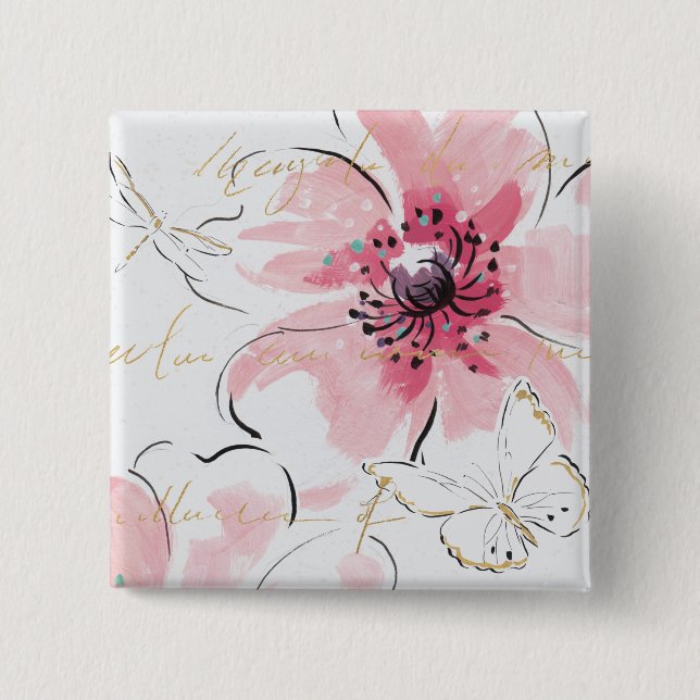Chapa Cuadrada Simplemente acuarela del rosa el | floral (Anverso)