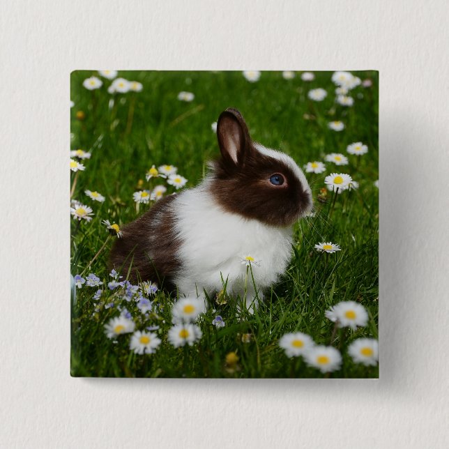 Chapa Cuadrada Small Brown and White Bunny in Flowers (Anverso)