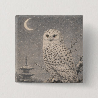 Chapa Cuadrada Snowy Owl Pin Badge, Japanese Moon Pagoda Wildlife