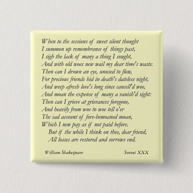 Chapa Cuadrada Soneto # 30 de William Shakespeare (Anverso)