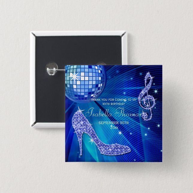 Chapa Cuadrada Sparkle Heels Blue Disco Ball Cumpleaños Gracias (Anverso y reverso)