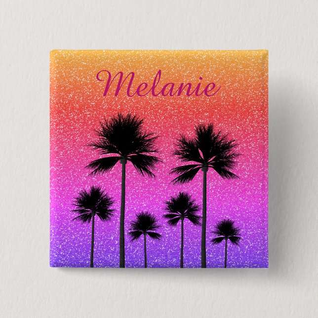 Chapa Cuadrada Sparkly Palm Trees Gradient Sunset Personalised (Anverso)
