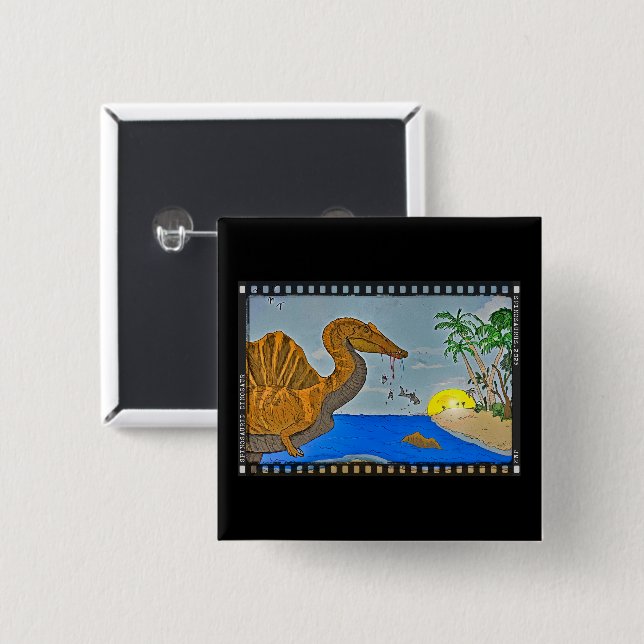 Chapa Cuadrada Spinosaurus Film Reel Dinosaur Button Pin (Anverso y reverso)