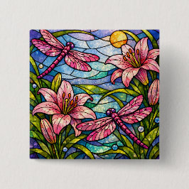 Chapa Cuadrada Stain Glass Lilies and Dragonflies Pink