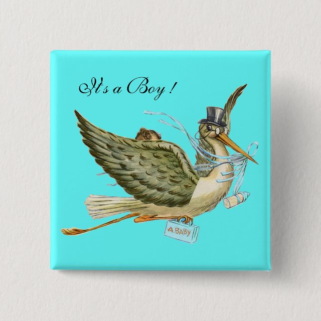 Chapa Cuadrada STORK BOY BABY SHOWER, azul turquesa "Es un chico" (Anverso)