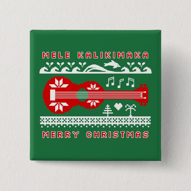 Chapa Cuadrada Suéter feo de Mele Kalikimaka (rojo en verde) (Anverso)