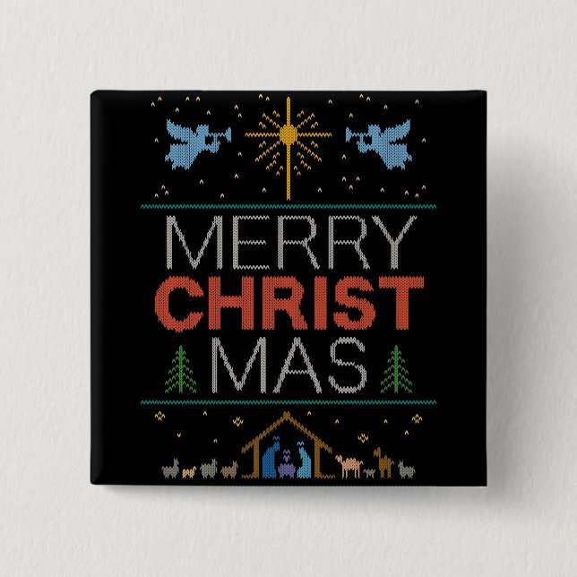 Chapa Cuadrada Suéter religioso cristiano feo de navidad (Anverso)