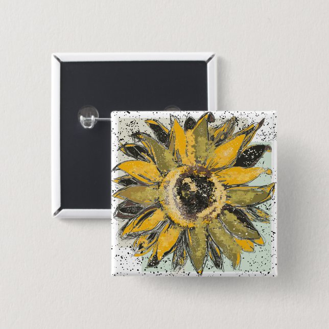 Chapa Cuadrada Sunflower Yellow Green Black Watercolor Style Art (Anverso y reverso)