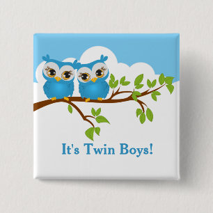 Chapa Cuadrada Sweet Twins Owls Boy Baby Button