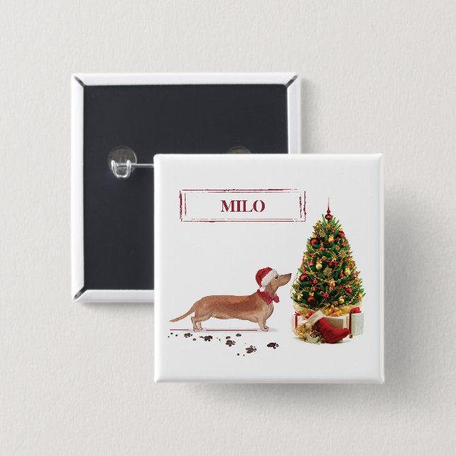 Chapa Cuadrada Tan Dachshund graciosos Navidades perro con árbol (Anverso y reverso)