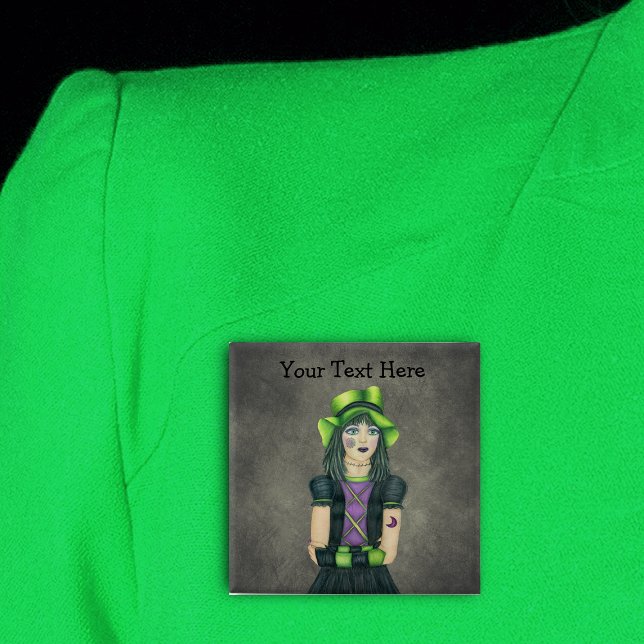 Chapa Cuadrada Tatuos Grey, Chica Verde del Gótico espeluznante (Gothic teen girl spiderweb, moon Tattoos green hat on dark grey with glowing green pin back button.)