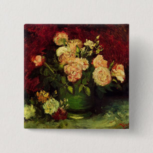 Chapa Cuadrada Tazón de Peonías y Rosa,Vincent van Gogh