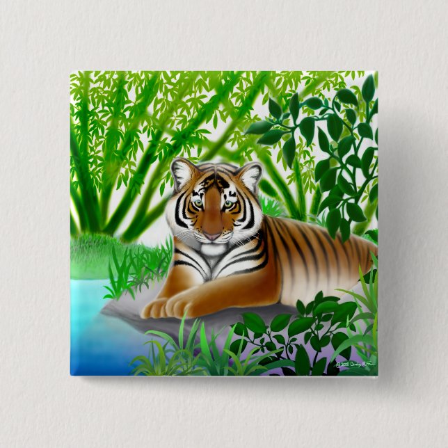Chapa Cuadrada Tigre pacífico en el Pin de bambú de la selva (Anverso)