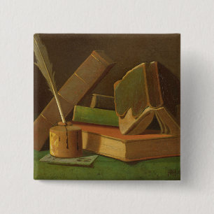 Chapa Cuadrada Todavía vida con los libros y el pozo de la tinta