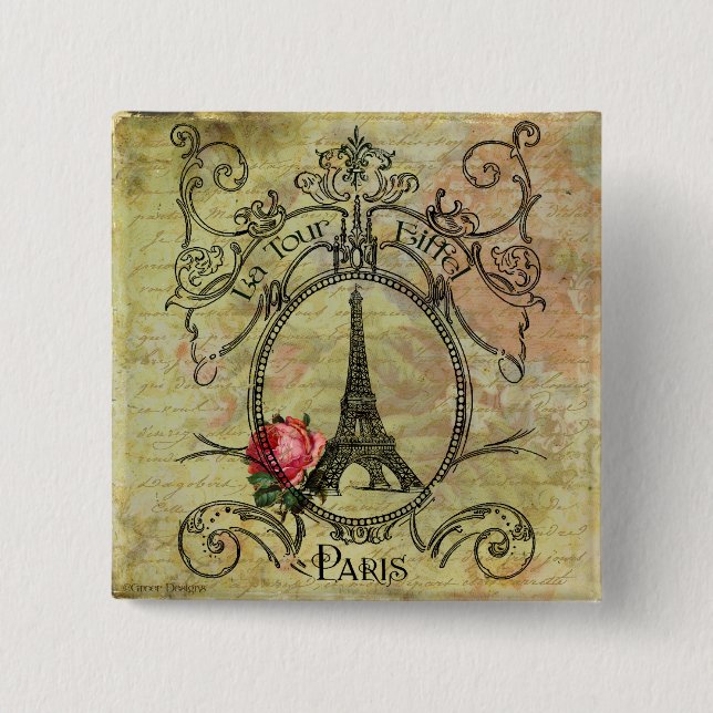 Chapa Cuadrada Torre Eiffel de París y Rosa Roja Steampunk (Anverso)
