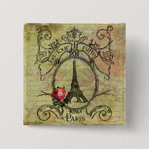 Chapa Cuadrada Torre Eiffel de París y Rosa Roja Steampunk