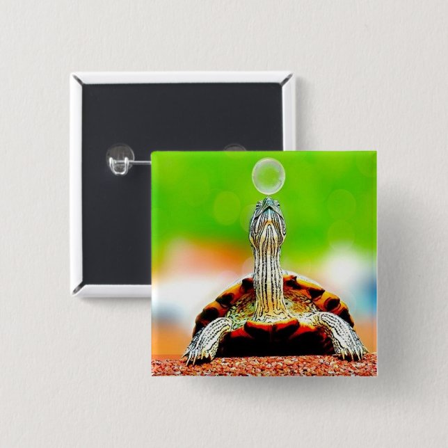 Chapa Cuadrada Tortuga feliz con burbuja (Anverso y reverso)