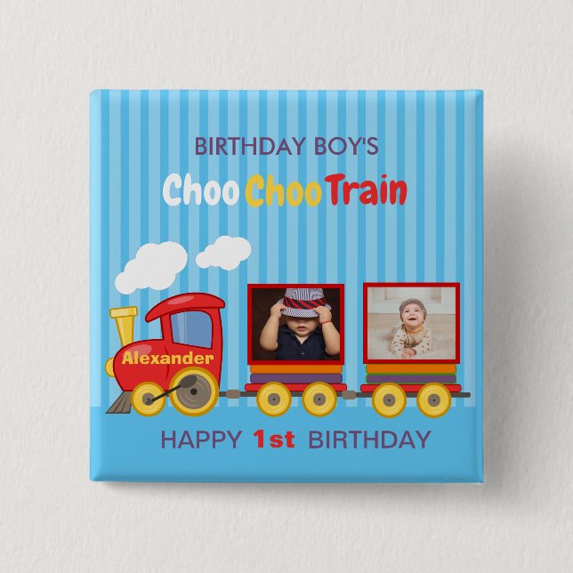 Chapa Cuadrada Toy Train Toddler Boy Birthday Blue (Anverso)