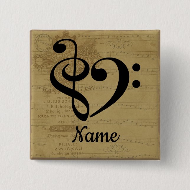 Chapa Cuadrada Treble Clef Bass Clef Music Heart Personalizado (Anverso)
