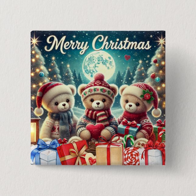 Chapa Cuadrada Tres Cuidados Teddy Bears Feliz Navidad (Anverso)