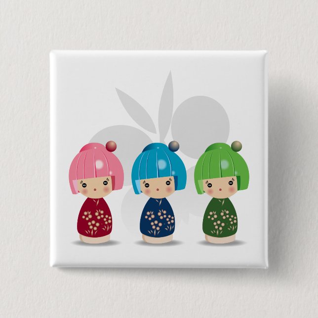 Chapa Cuadrada Tríos wButterfly BKGD de Kokeshi (Anverso)
