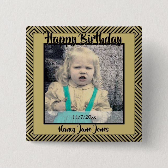 Chapa Cuadrada Tu foto: Líneas diagonales geométricas en negro y  (Anverso)