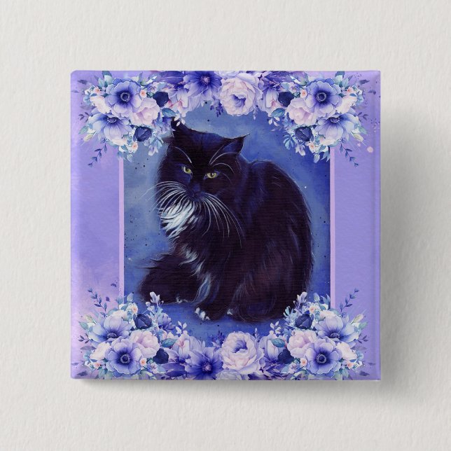 Chapa Cuadrada Tuxedo cat with flowers art by Renee  (Anverso)