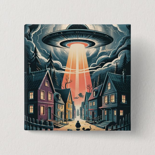 Chapa Cuadrada UFO Abduction Night Street Illustration (Anverso)