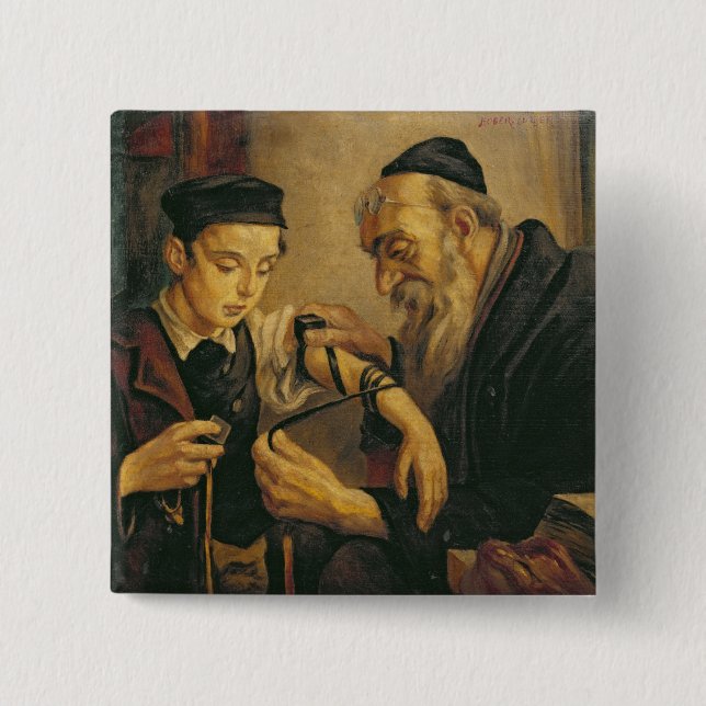 Chapa Cuadrada Un rabino que ata los Phylacteries al brazo de un (Anverso)