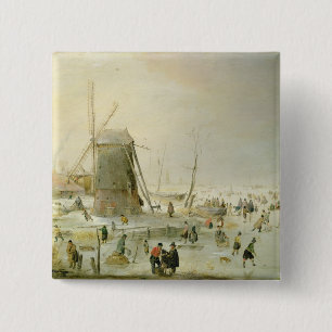 Chapa Cuadrada Una escena del invierno con los patinadores por un