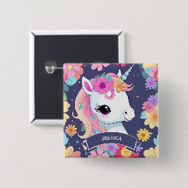 Chapa Cuadrada Unicornio blanco adorable con flores