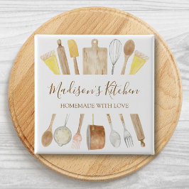 Chapa Cuadrada Utensilios de cocina personalizados con acuarela