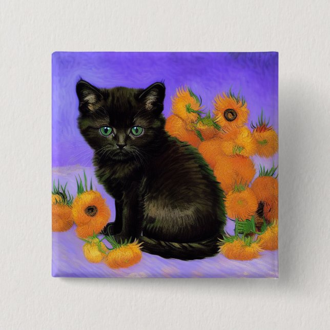 Chapa Cuadrada Van Gogh Black Kitten con girasoles (Anverso)
