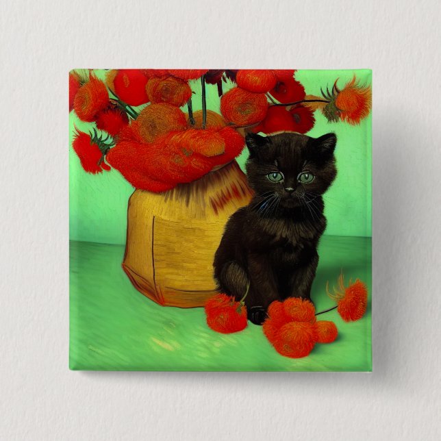 Chapa Cuadrada Van Gogh Black Kitten Red Flowers (Anverso)
