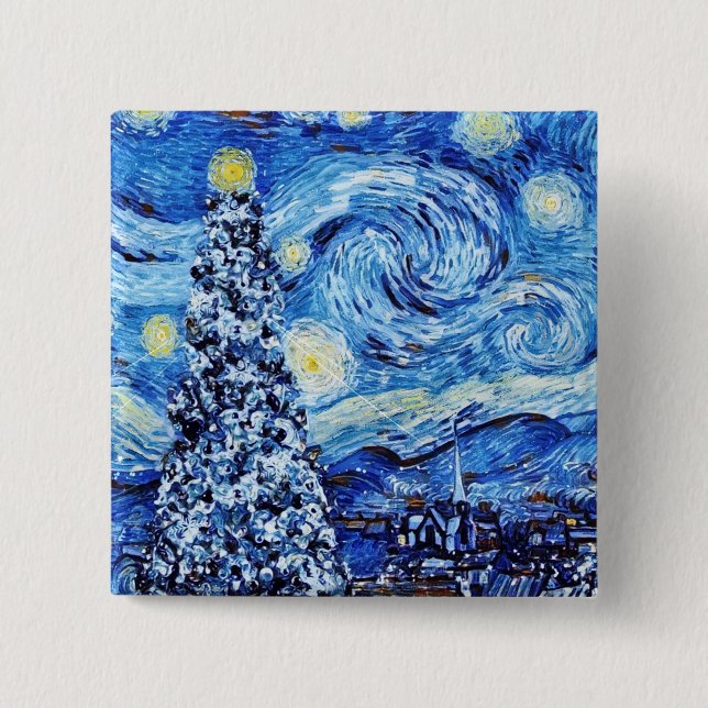 Chapa Cuadrada Van Gogh - La noche estrellada - Navidades blancos (Anverso)