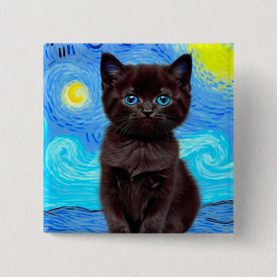 Chapa Cuadrada Van Gogh Starry Night Black Cat